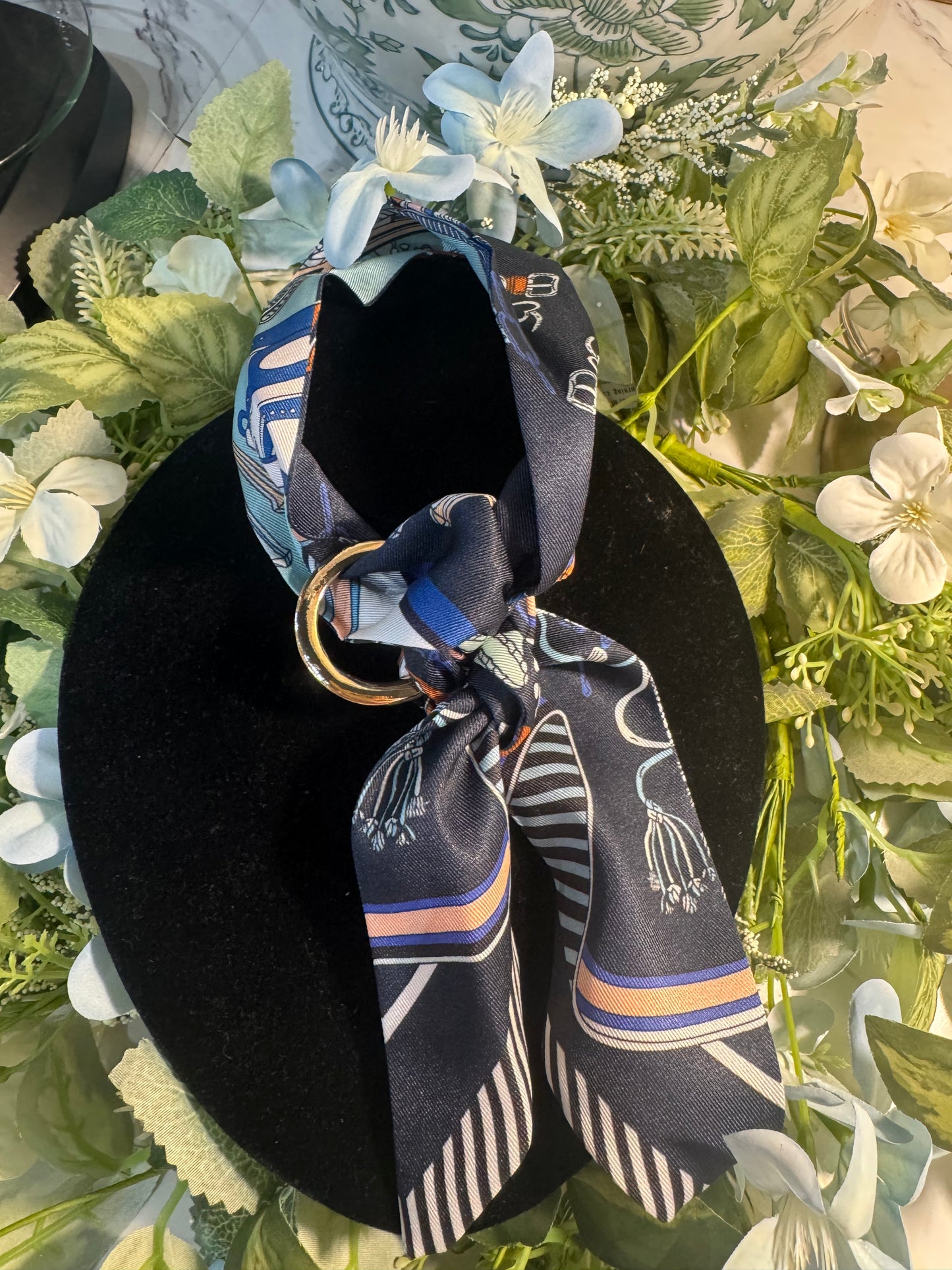 Navy Multi-Color Scarf Bracelet Wrap with Gold Ring Accent