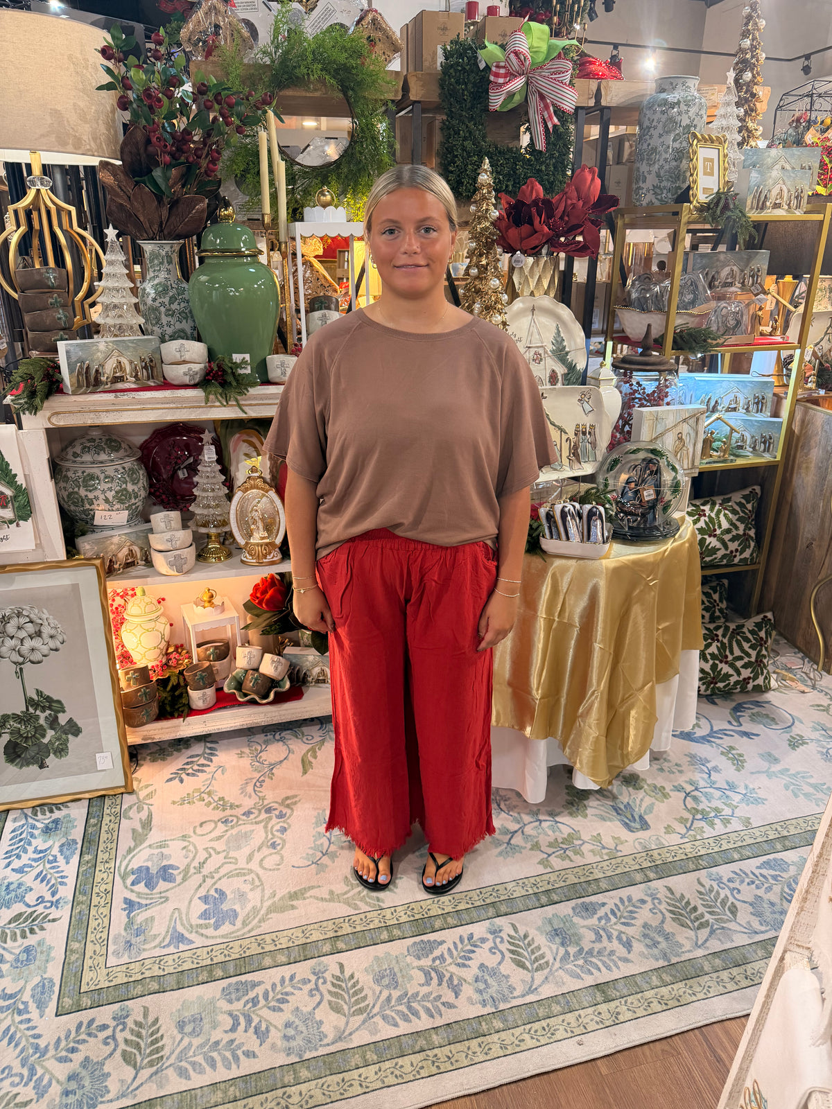 Red Linen Blend Wide Leg Pants