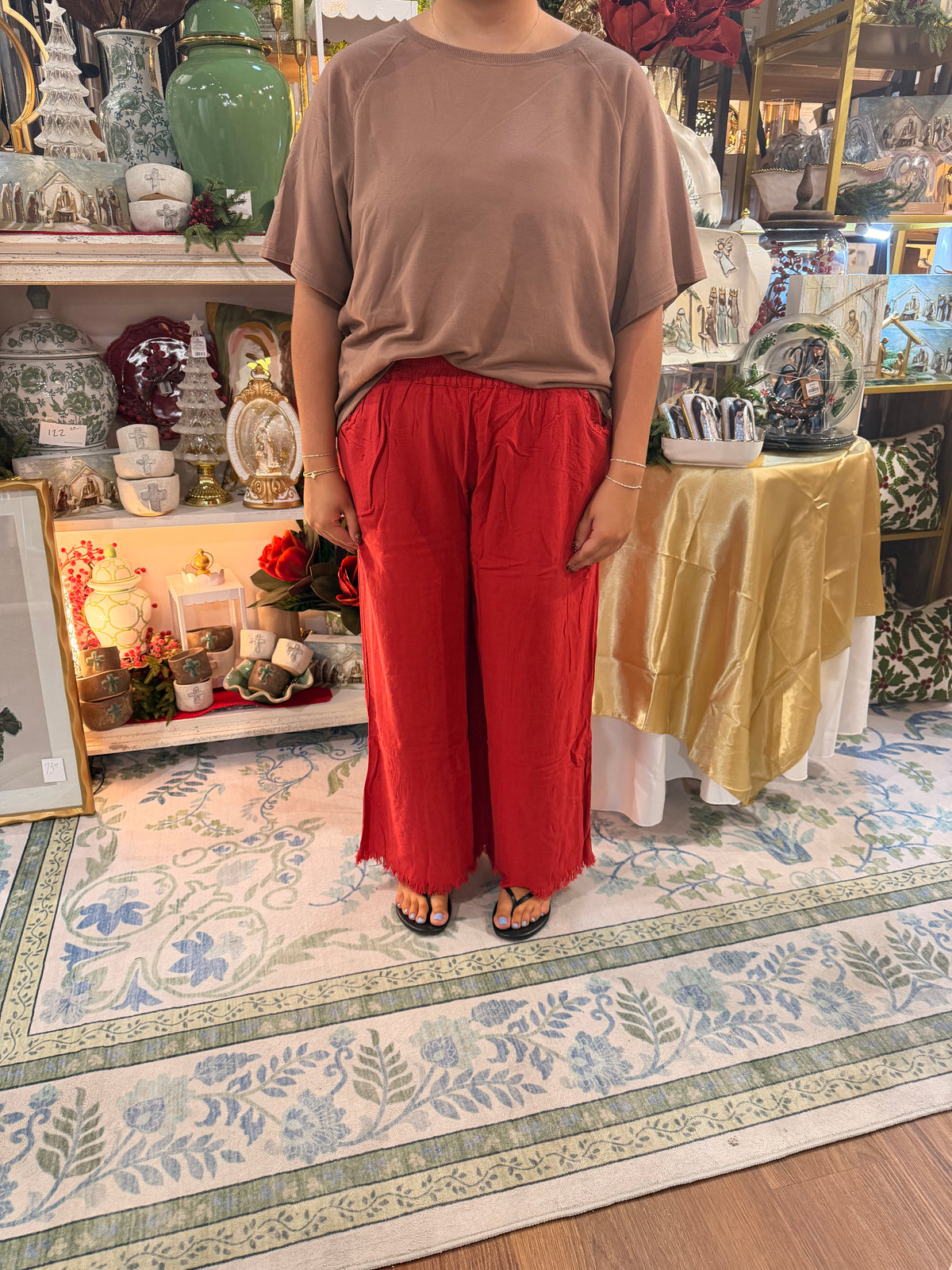 Red Linen Blend Wide Leg Pants