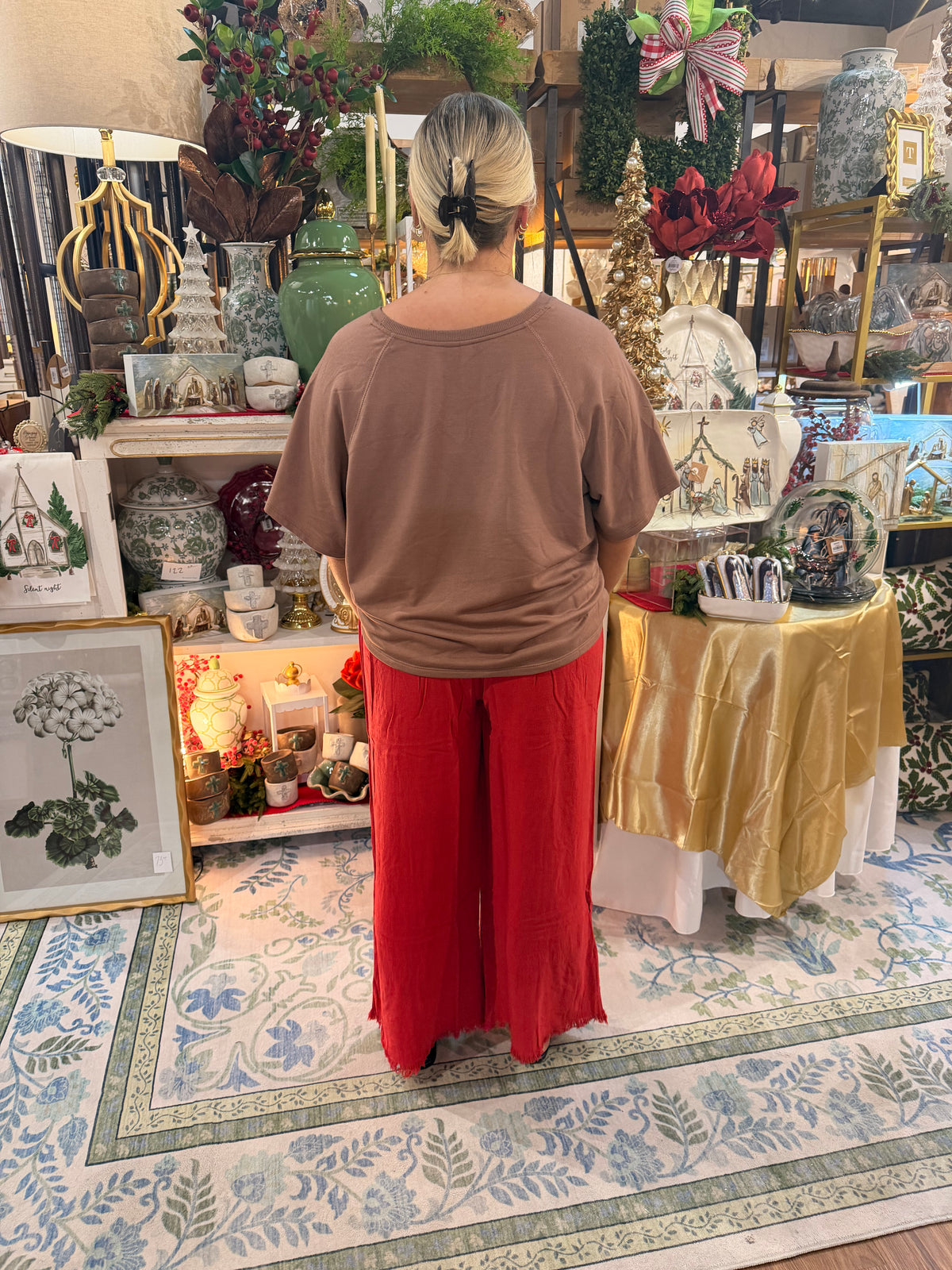 Red Linen Blend Wide Leg Pants