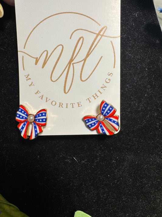 Red, White & Blue Bow Pearl Stud Earrings