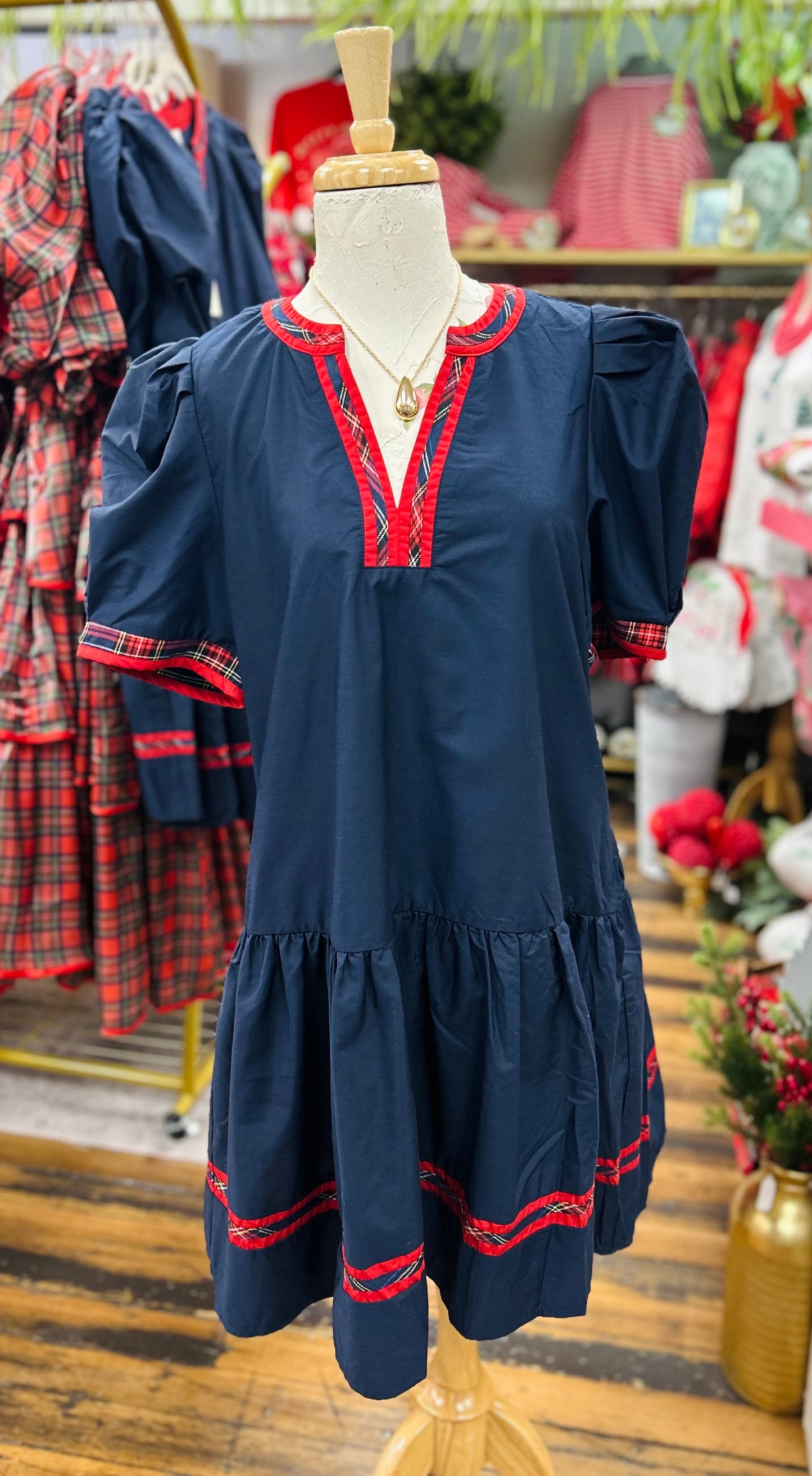 Ava Dress with Red Plaid Trim