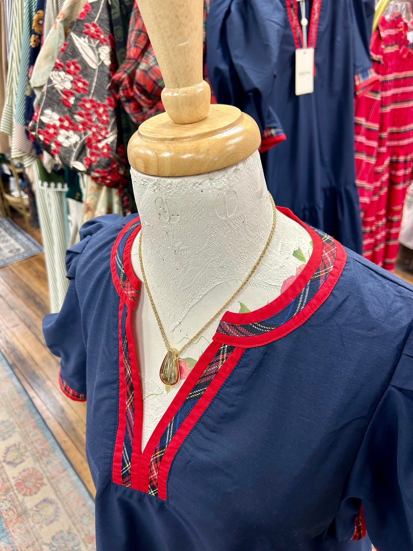 Ava Dress with Red Plaid Trim