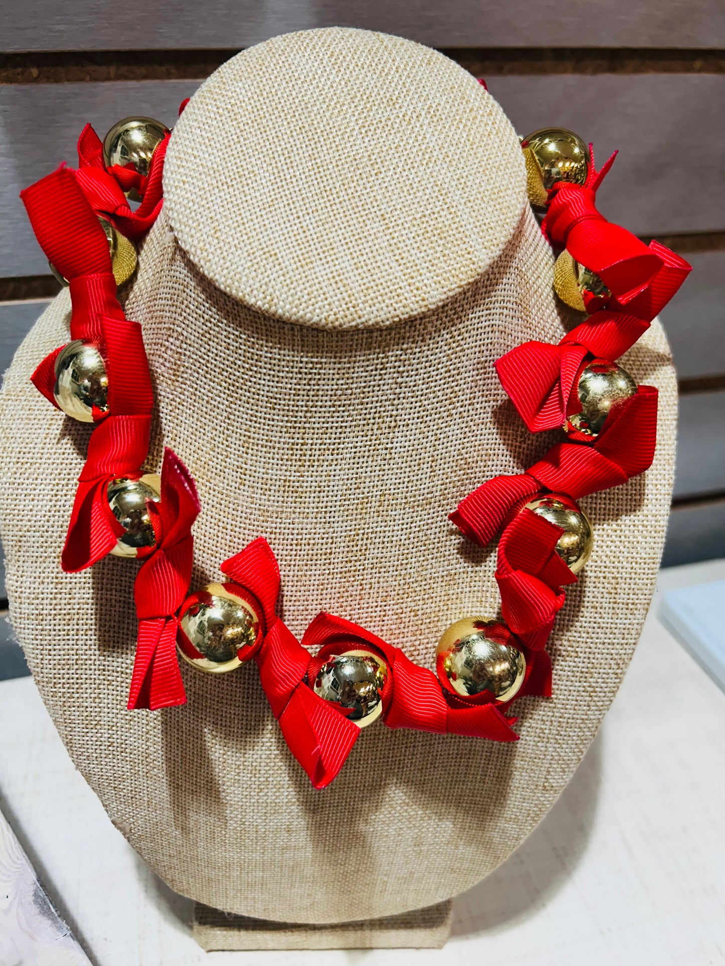 Fabulous Ribbon and Gold Ball Necklace-Red