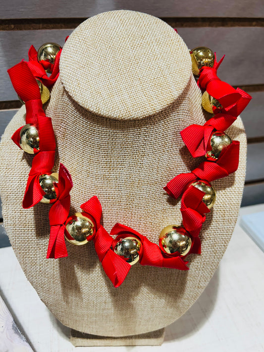 Fabulous Ribbon and Gold Ball Necklace-Red