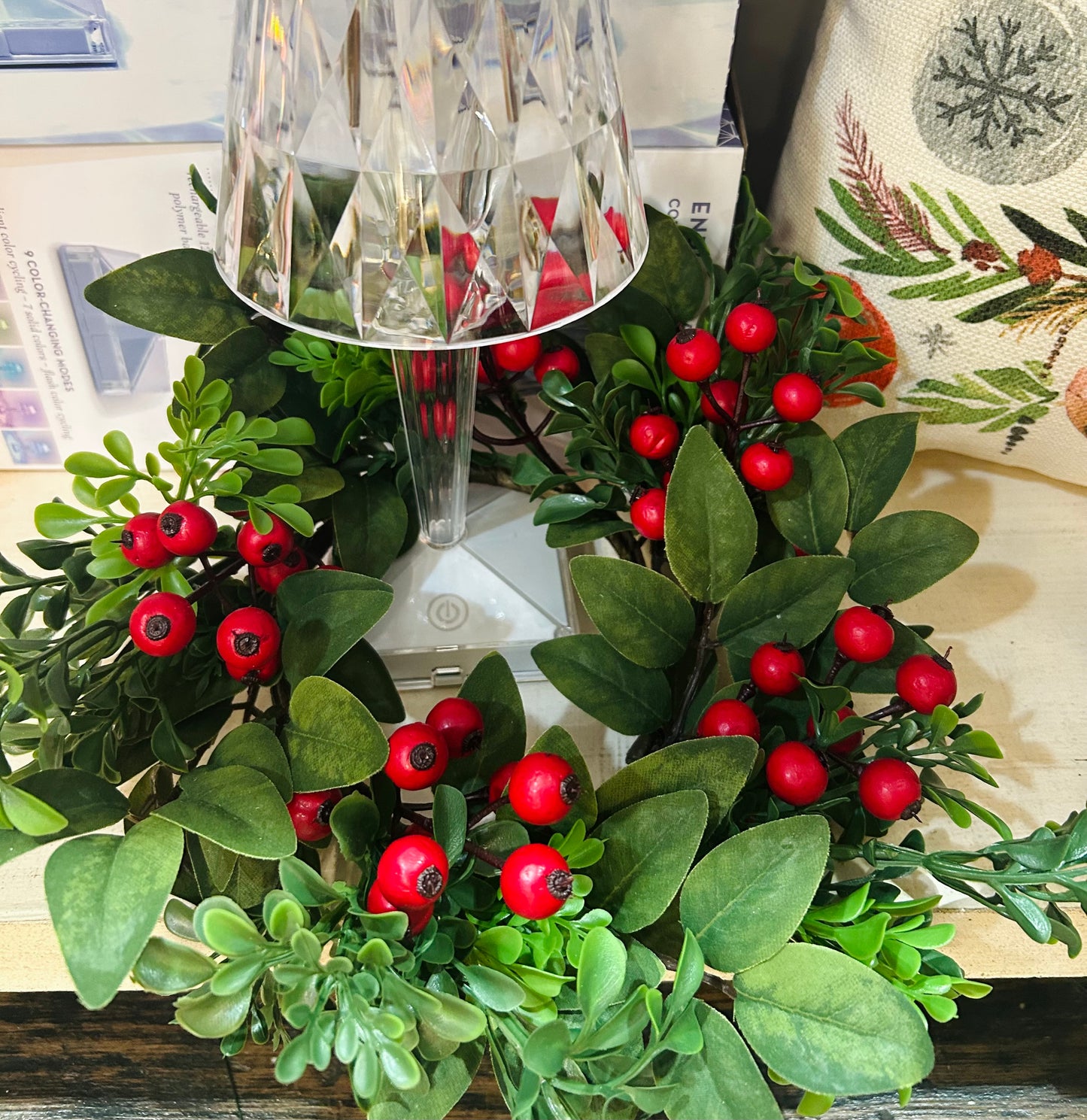 12 Inch Mixed Boxwood and Red Berry Candle Ring