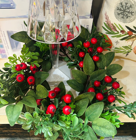 12 Inch Mixed Boxwood and Red Berry Candle Ring