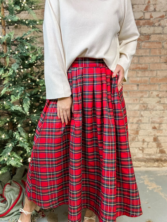Christmas Red Plaid Midi Skirt