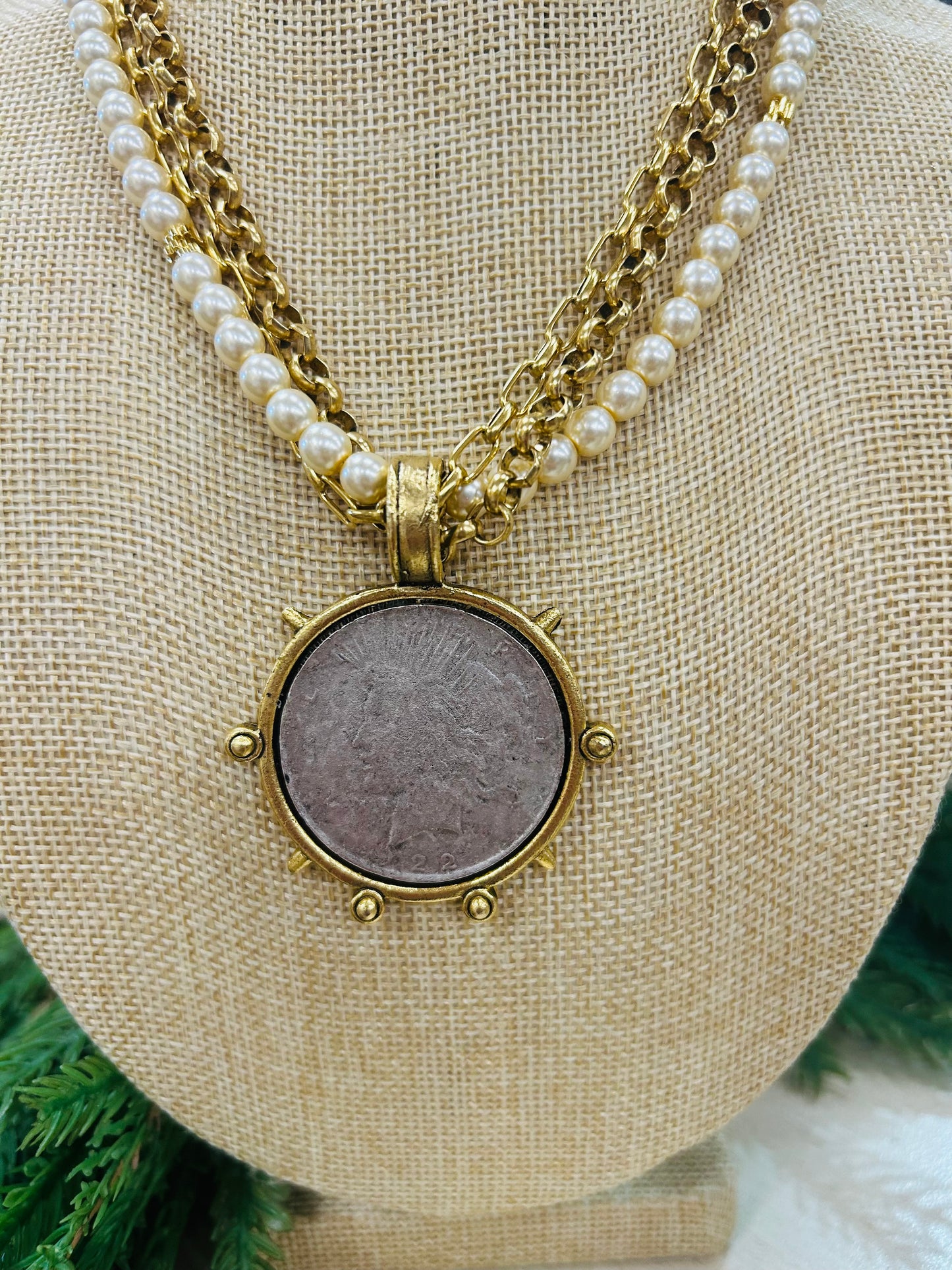 2 Tone Gold Coin with Pearl