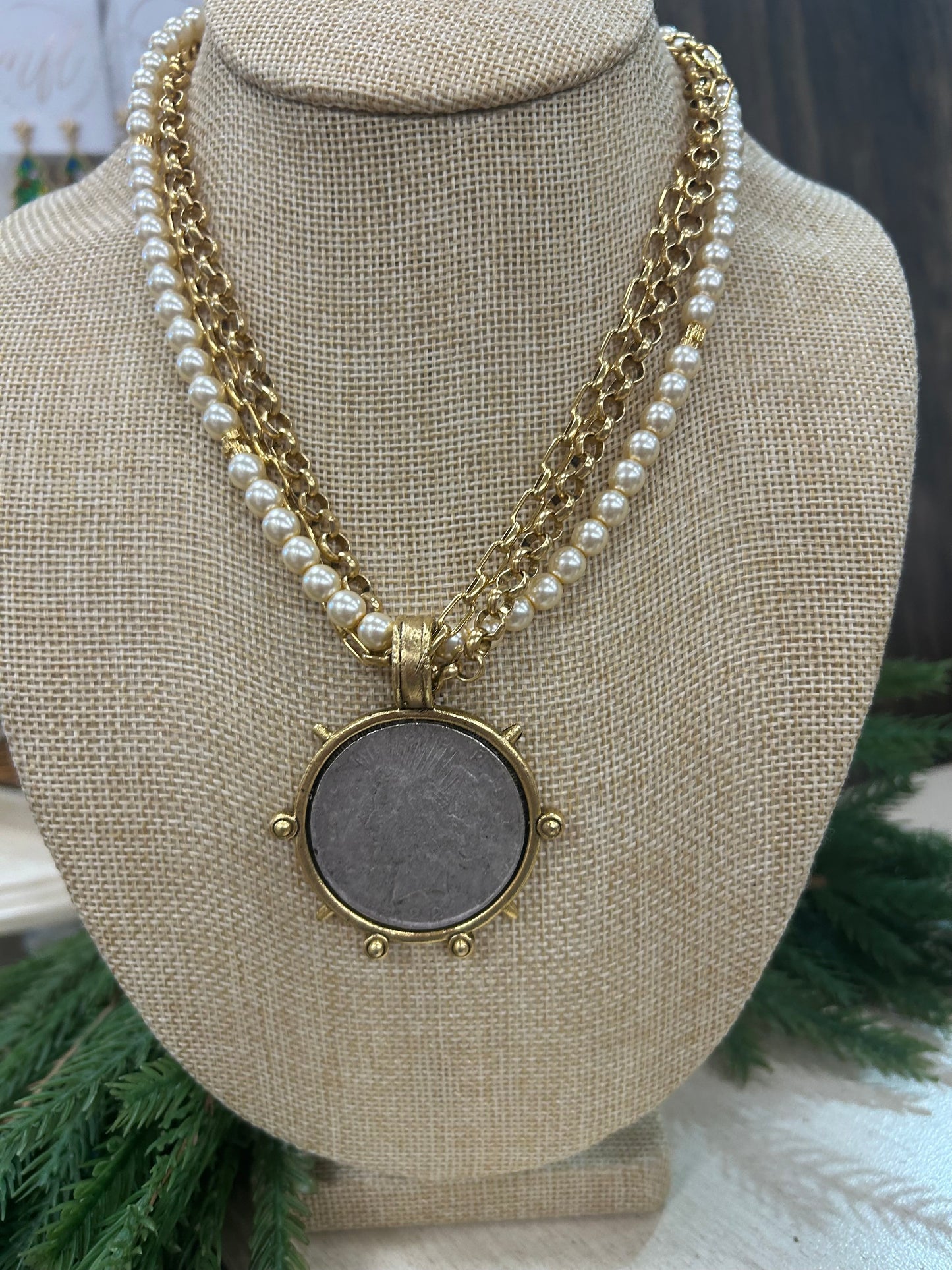 2 Tone Gold Coin with Pearl