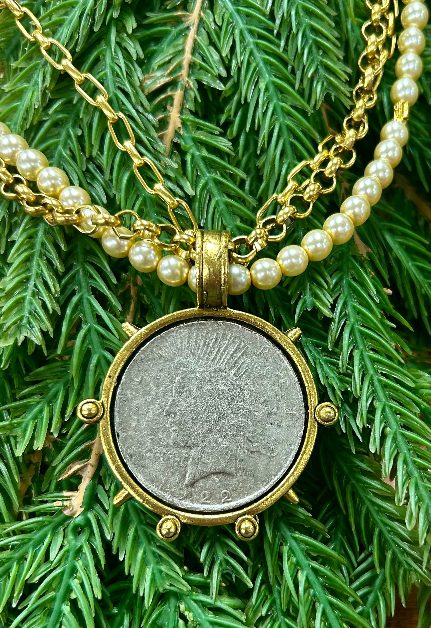 2 Tone Gold Coin with Pearl