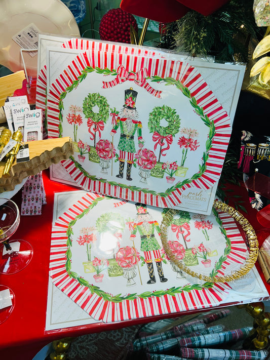 Hand painted Poinsettia Nutcracker with Topiaries Placemats