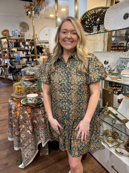 Green Jacquard Puff Sleeve Dress