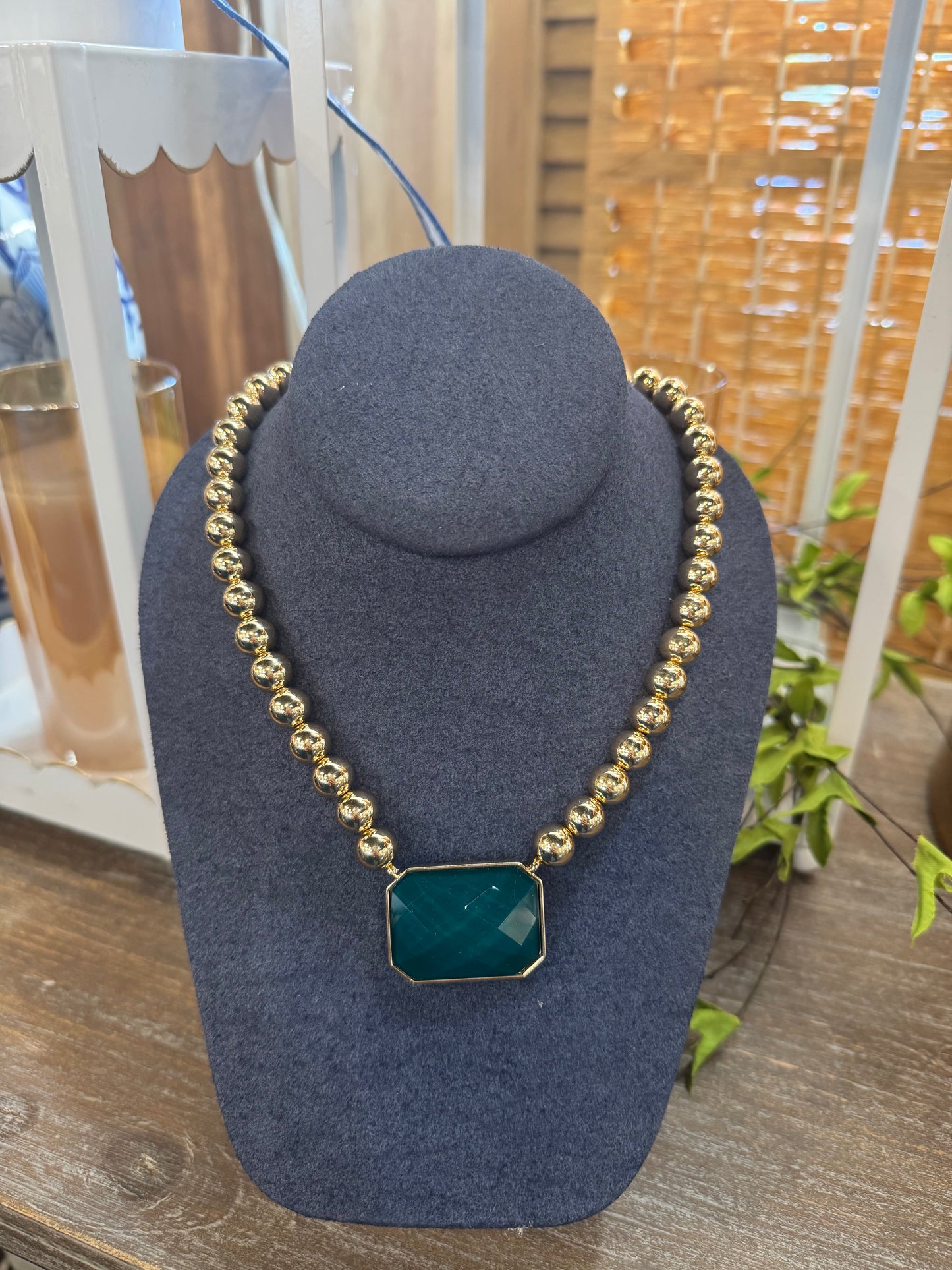 Teal Faceted Stone Gold Bead Necklace