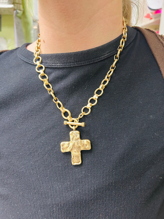 Gold Cross Hammered Necklace