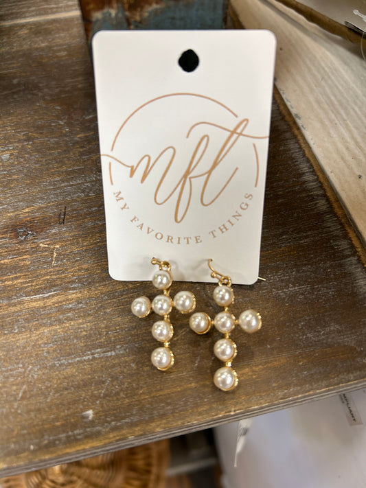 Gold and Pearl Cross Dangle Earrings