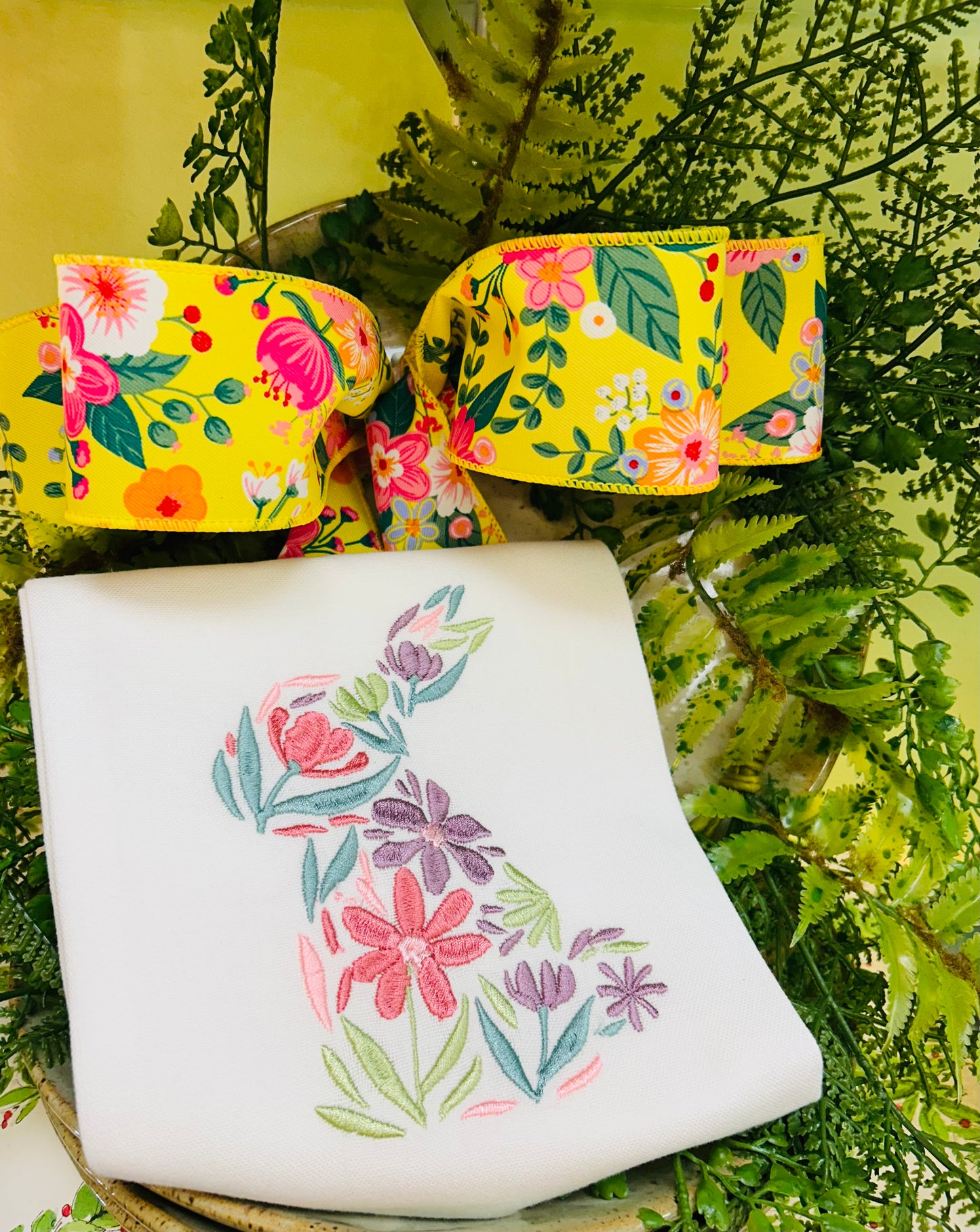 Floral Embroidered Bunny Tea Towel