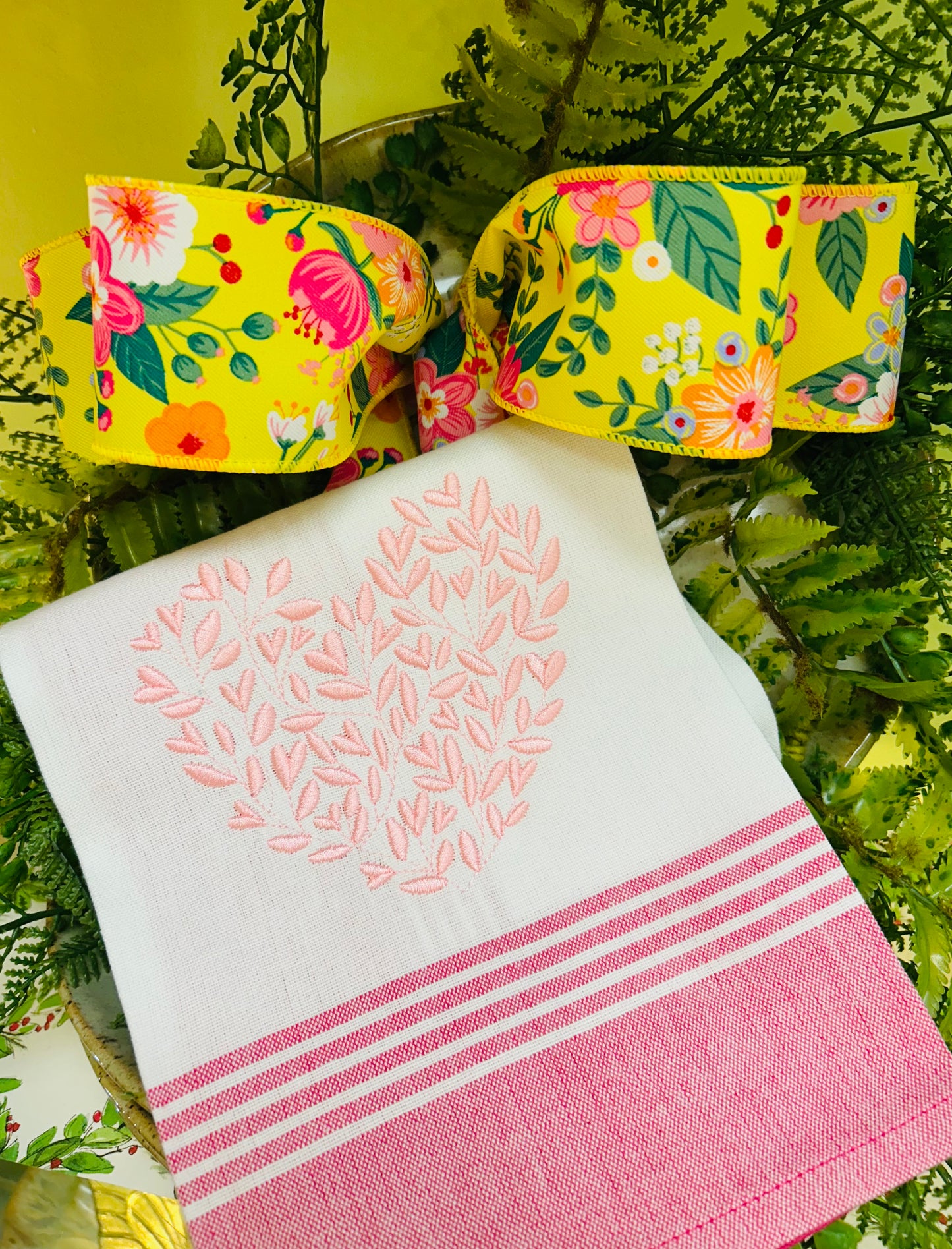 Pink Heart Embroidered Tea Towel