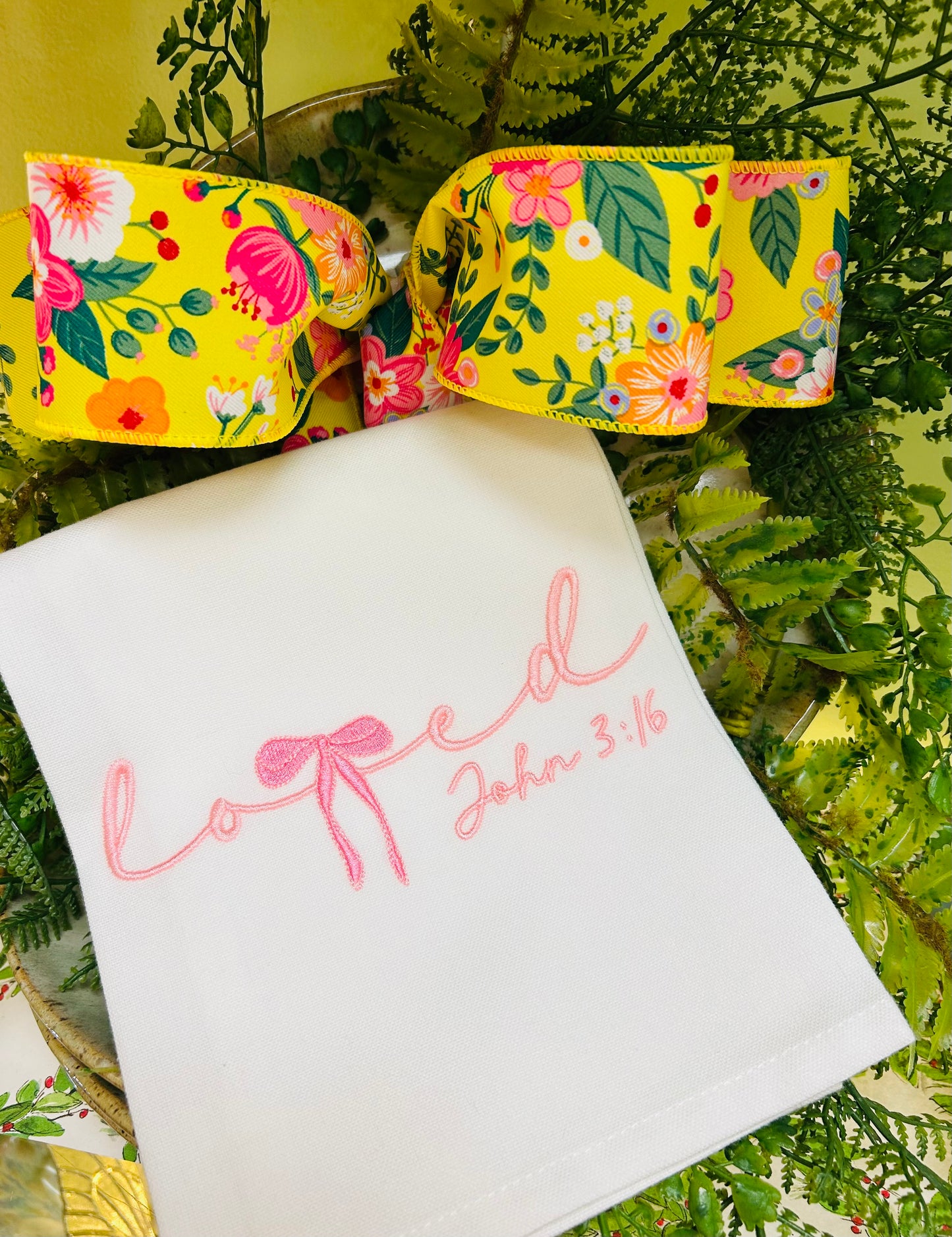 Pink Embroidered John 3:16 Bow Tea Towel
