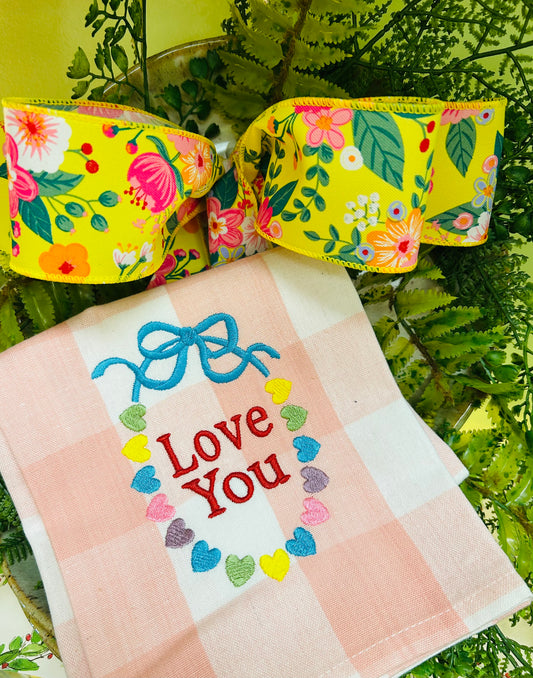 Pink Gingham Embroidered Candy Necklace Tea Towel