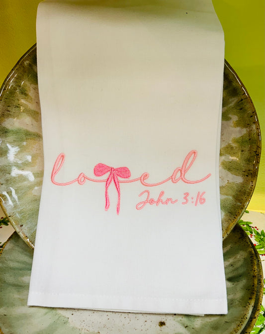 Pink Embroidered John 3:16 Bow Tea Towel