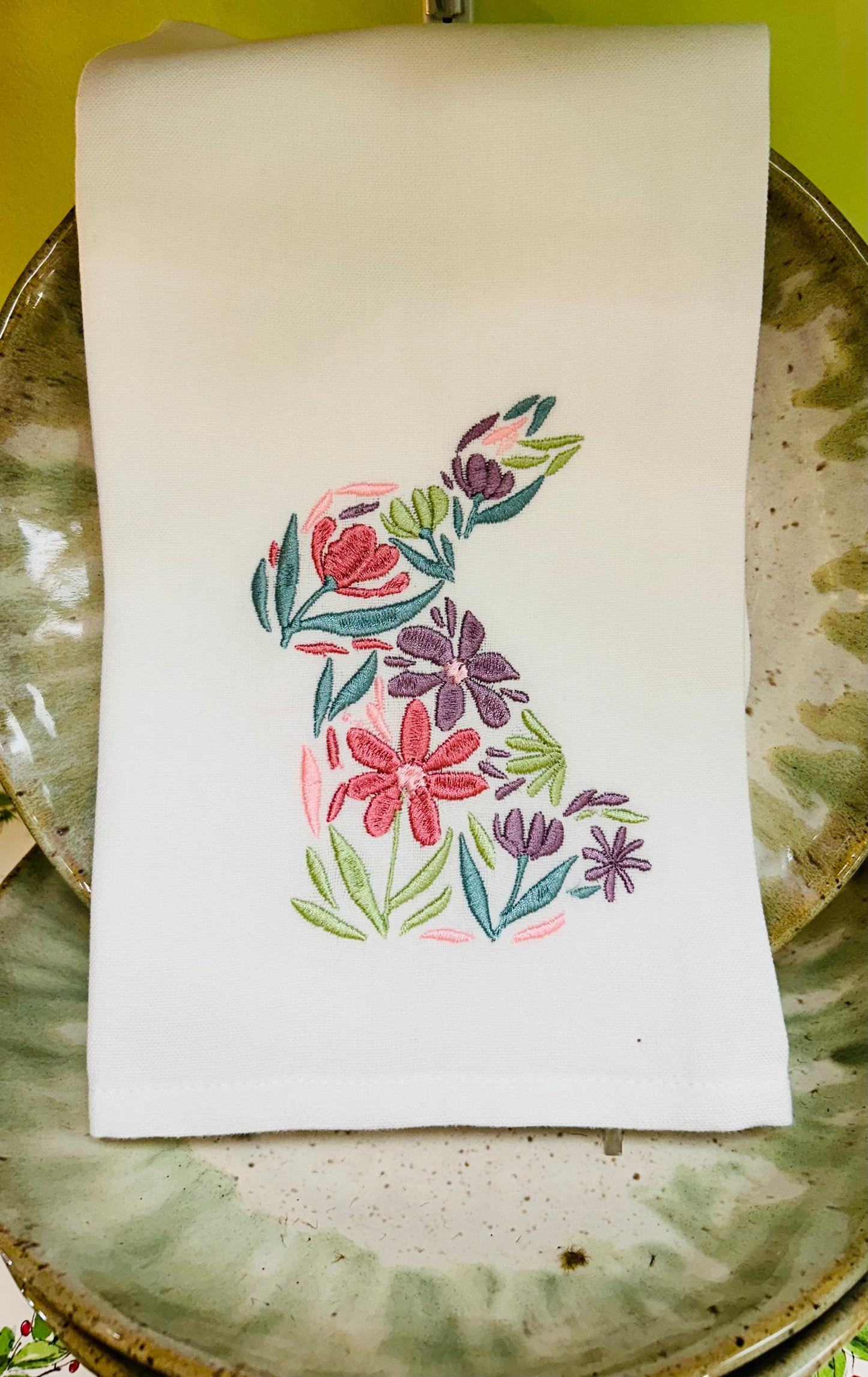 Floral Embroidered Bunny Tea Towel