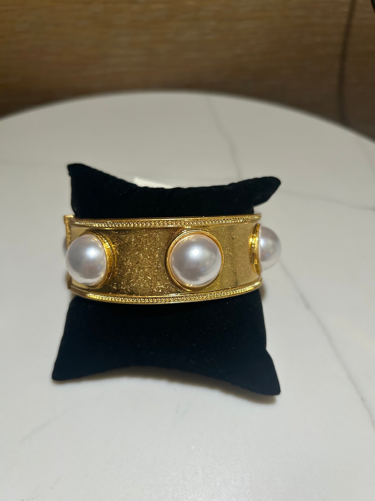 Wide Band Gold Pearl Bracelet