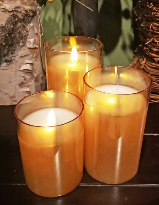 Moving Flameless LED Pillar Amber Set of 3 (5", 6", 7" with 3" diameter)