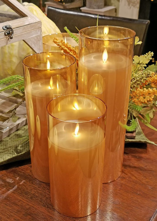 Moving Flameless LED Pillar Amber Set of 3 (8", 10", 12" with 4" diameter)