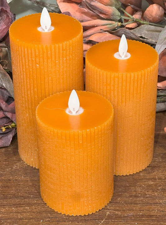 Moving Flameless LED Pillar Burnt Orange Set of 3 (5", 6", 7" with 3" diameter)