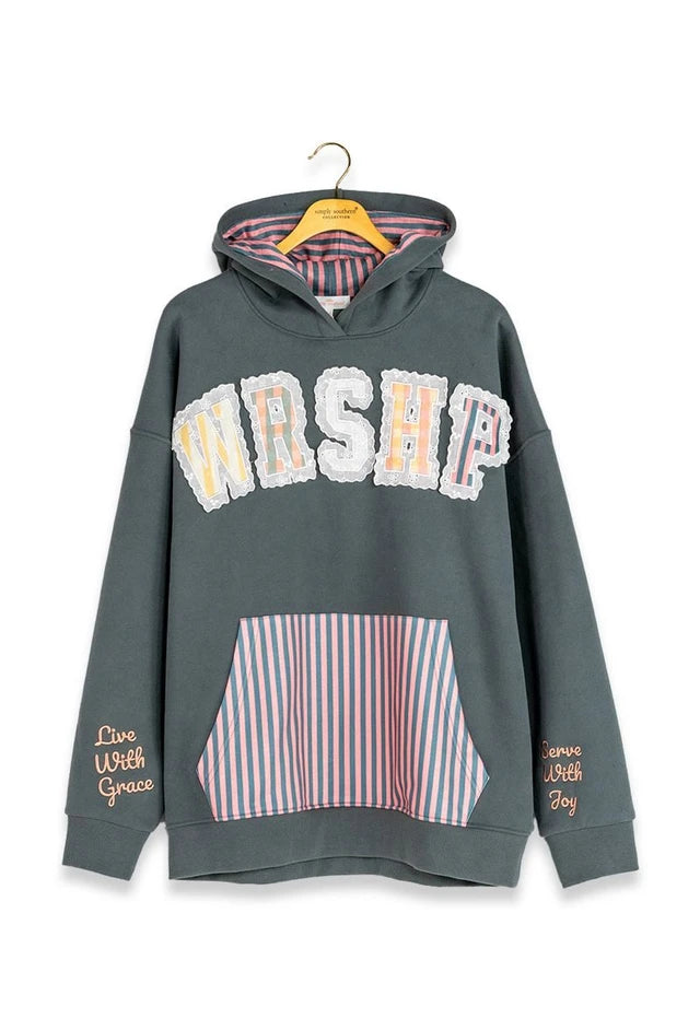 Applique "WRSHP" Hoodie Striped Pocket