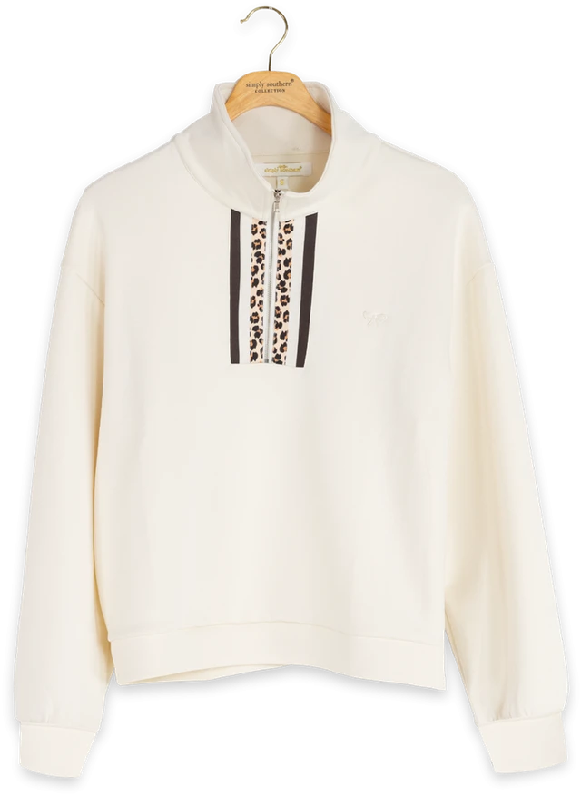 Cream Leopard Detail Quarter Zip Pullover