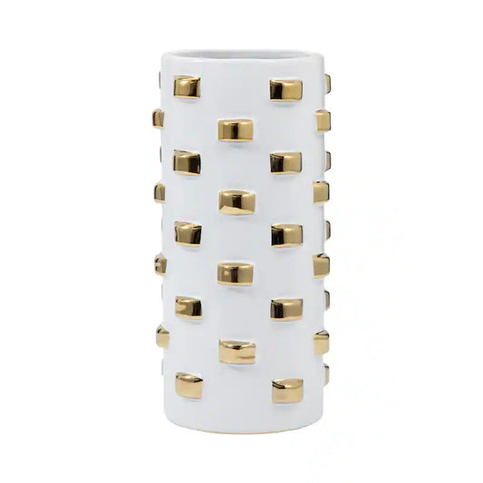 Cylinder Vase  11 inches  White/Gold