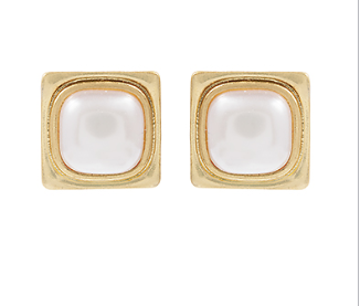 Square Gold and Pearl Stud Earrings