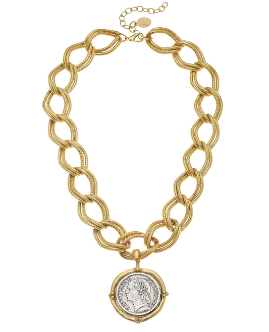 Silver French Franc Coin Chunky Gold Necklace 3528CR