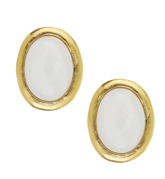 White Agate Cabochon Stud Earrings 1181W