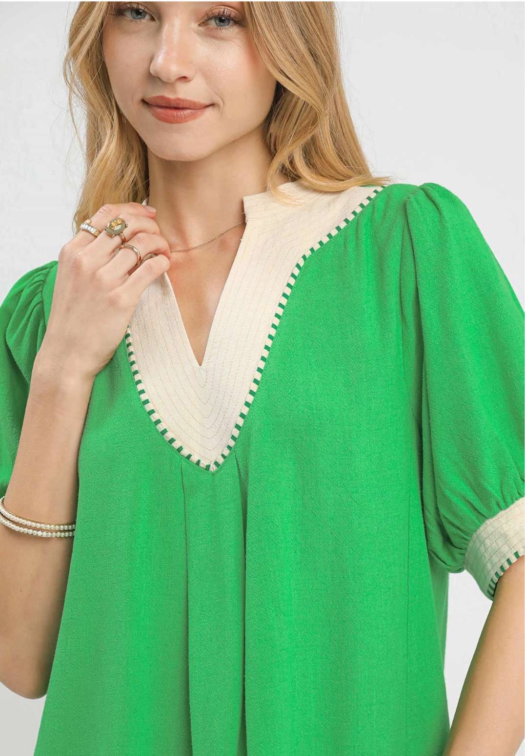Green and Cream Flowy Blouse