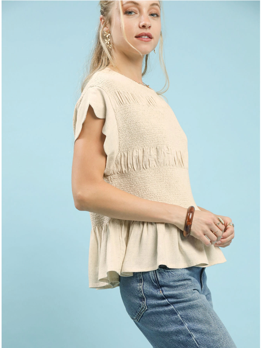 Smocked Waist Oatmeal Blouse