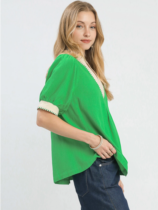 Green and Cream Flowy Blouse