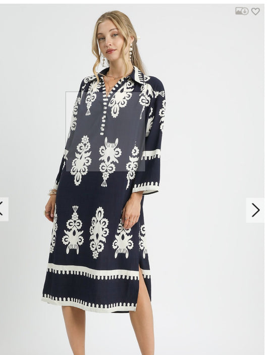 Abstract Print  Navy Midi Dress