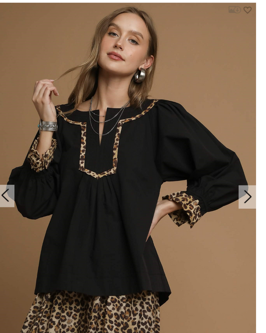 Leopard Trim Black Long Sleeve Blouse