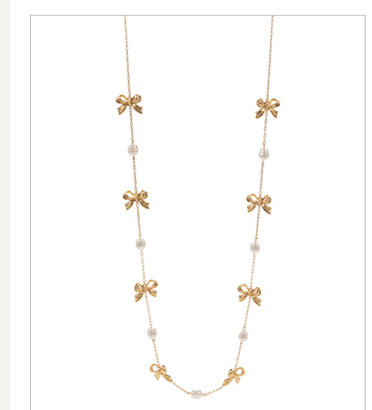 Bow and Pearl Station Chain Necklace