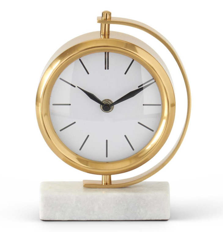 8.25 Inch Round Gold Metal Table Clock w/Rectangular White Marble Base