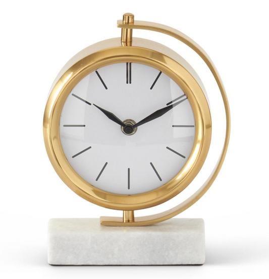 8.25 Inch Round Gold Metal Table Clock w/Rectangular White Marble Base