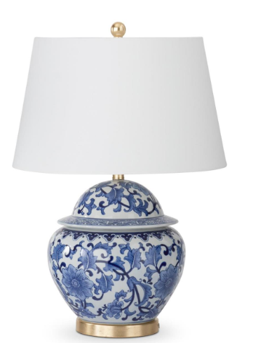 Blue and White Ginger Jar Lamp with White Shade