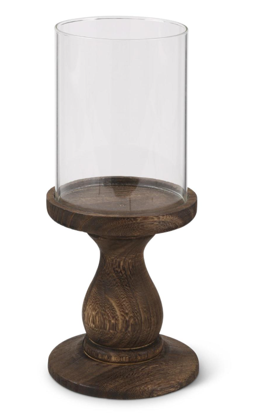 Wood Pedestal Candleholder with Glass Hurricane