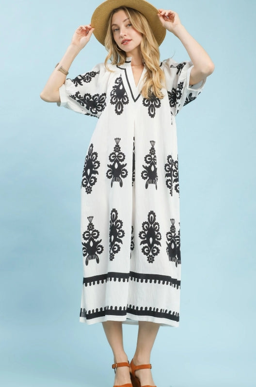 White and Black Print Midi Dress