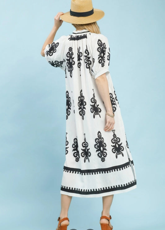 White and Black Print Midi Dress
