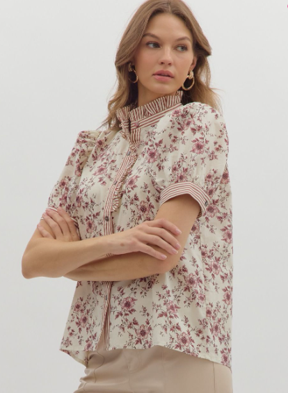 Floral Ruffled Neck Blouse