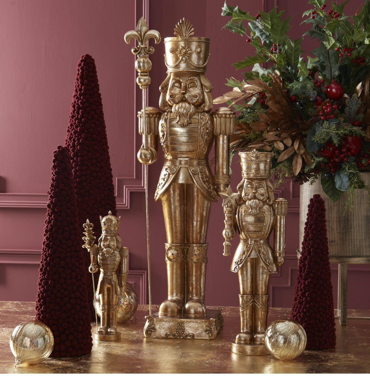 15.5 inch Gold Nutcracker w/Pinecone Staff